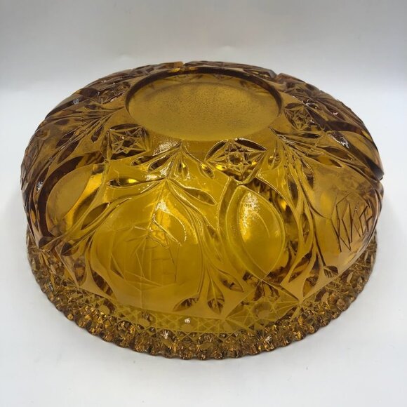 Vintage Amber Yellow Gold Glass Centerpiece Ornate Decorative Bowl Scalloped Rim - Picture 5 of 8